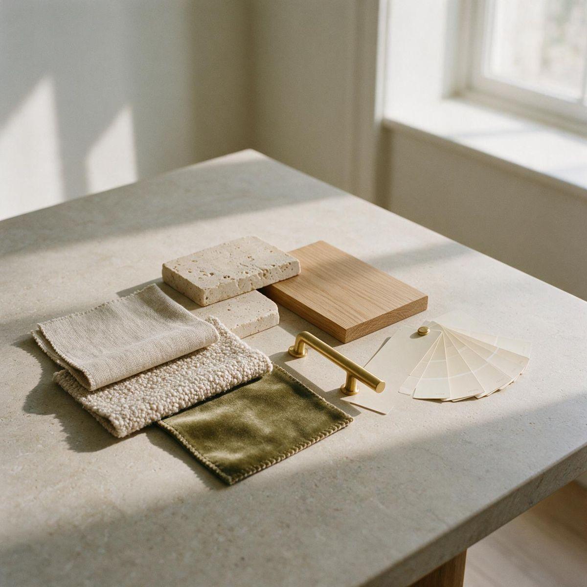 Placeholder image: fabric, stone and wood samples on a table