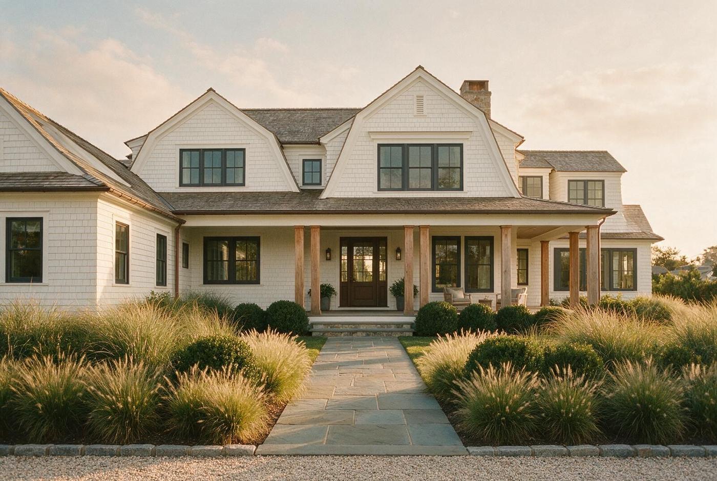 Placeholder image: a white shingle-style coastal home at golden hour