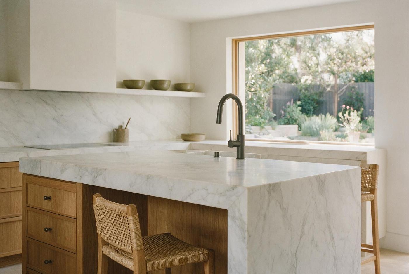 Placeholder image: a bright kitchen with a marble island and oak cabinetry